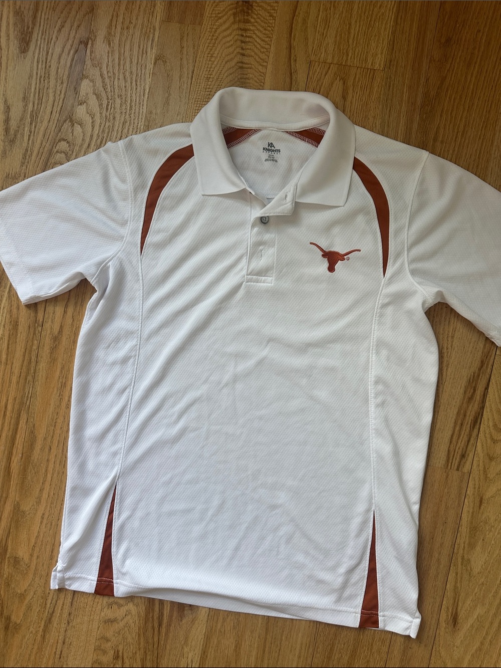 Knights Apparel White Polo with Burnt Orange Accents and Longhorn Logo